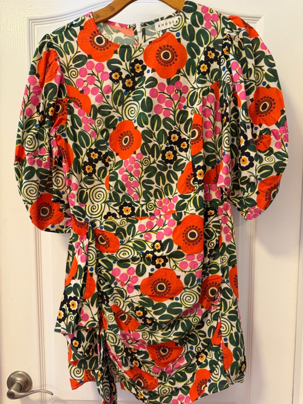 RHODE Floral Puff Sleeve Mini Dress in Orange, Pink & Green